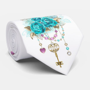 Cravate Roses turquoise avec touches
