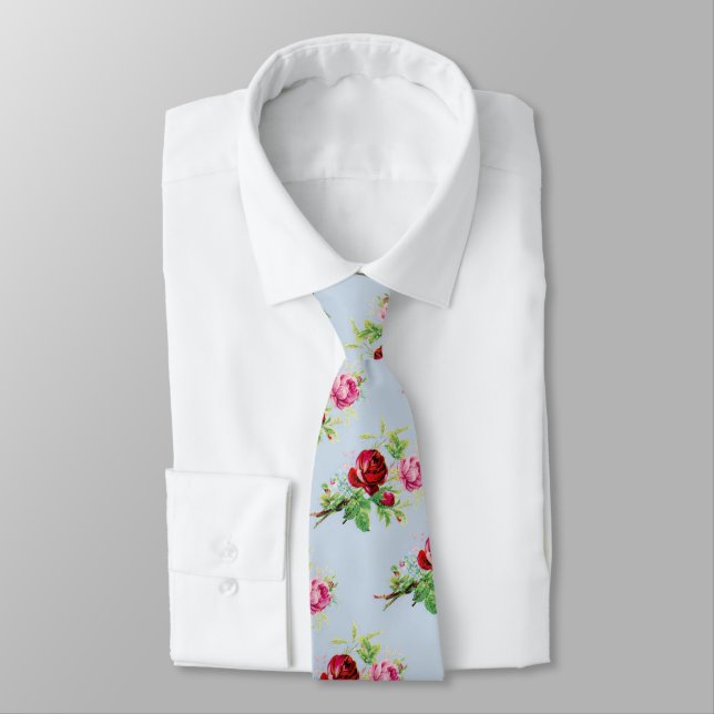 Cravate roses vintage dans un bleu en douceur  (Attaché)