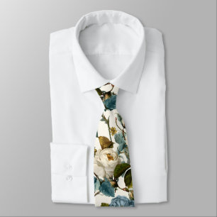 Cravate Roses Vintage Romantiques Blanc Bleu