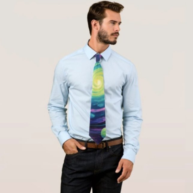 Cravate Rotation planétaire  (Neon Galaxy Space Neck Tie – Cosmic Spiral Planets Mens Accessory Trippy Nebula Sci-Fi Formal Gift)