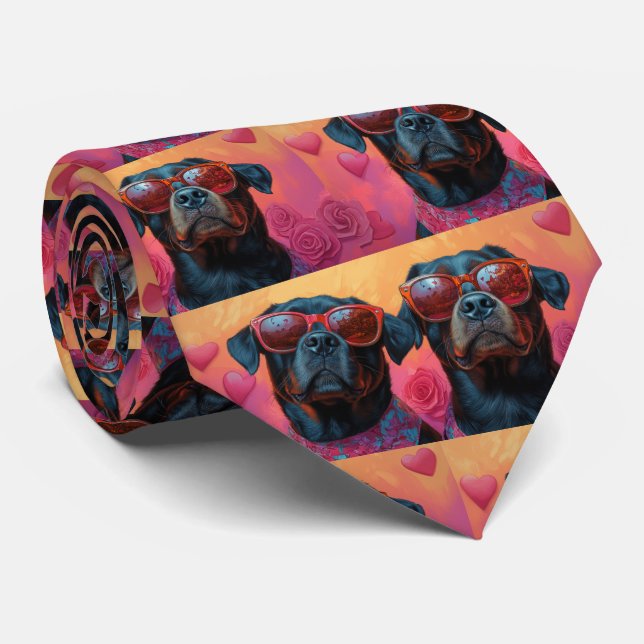 Cravate Rottweiler avec Roses de coeur Saint Valentin (Roulé)