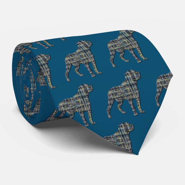 Cravate Rotweiler Chien Silhouette jaune et bleu Grille bl (Roulé)