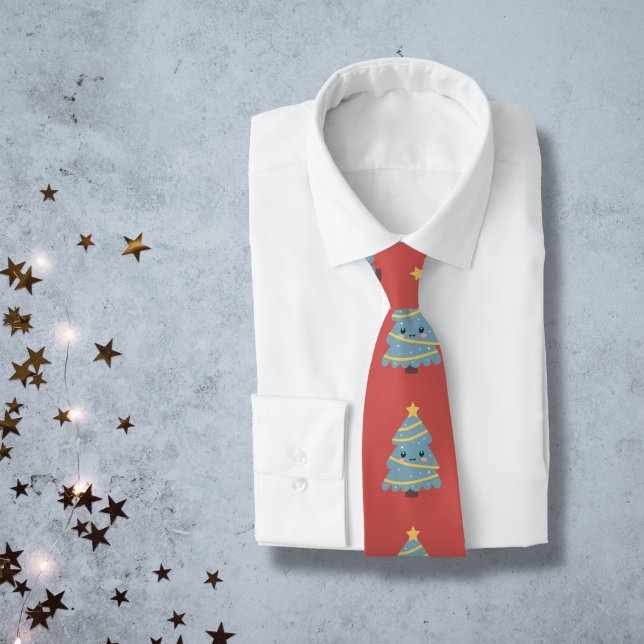 Cravate rouge avec arbre de Noël Kawaii (Red Neck Tie with Kawaii Christmas Tree)