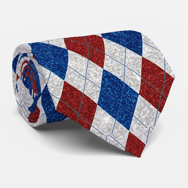 Cravate Rouge, Blanc, Bleu Argyle Juillet 4 Paillettes (Roulé)