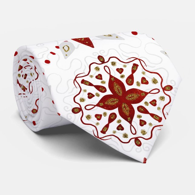 Cravate Rouge, blanc et or Glitterie Motif nordique (Roulé)