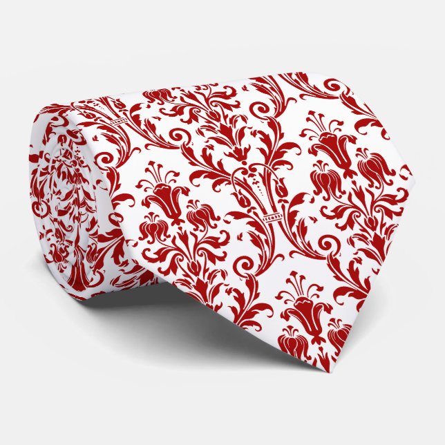 Cravate Rouge Blanc Floral Damask (Roulé)