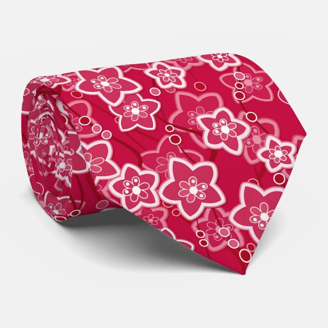 Cravate rouge blanc floral rustique mode motif rétro (Roulé)