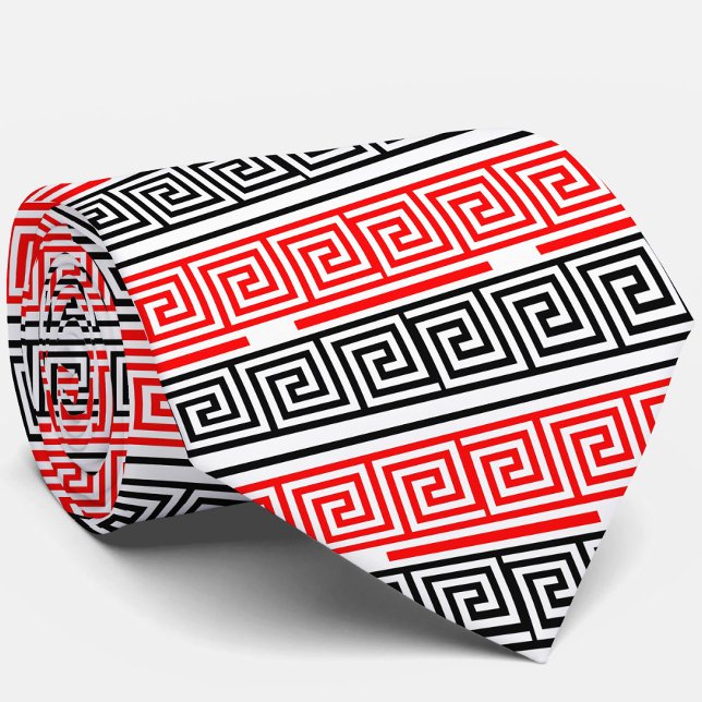 Cravate Rouge Blanc noir Clé grecque Fret Motif Design (Créateur téléchargé)