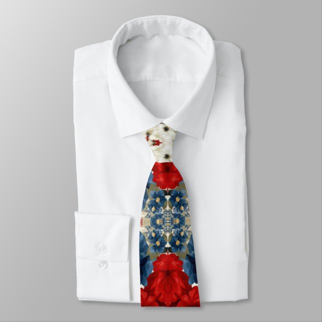 Cravate Rouge Bleu Blanc Floral Patriotique (2) (Attaché)