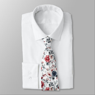 Cravate Rouge Bleu Crème Fleurs Vintage Mariage Formel