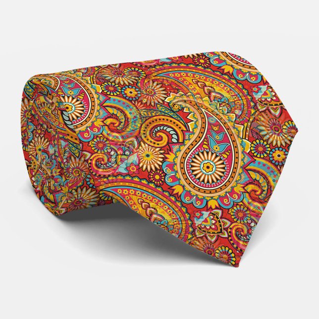 Cravate Rouge Bleu Orange Jaune Or Paisley Motif Floral (Roulé)