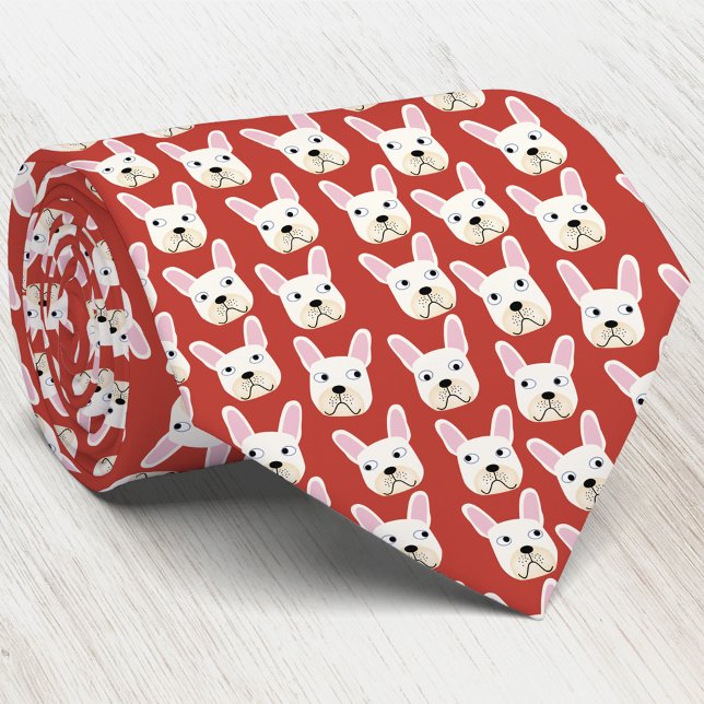 Cravate rouge Bulldog français blanc et crème (White and cream French Bulldog dog pattern red art neck tie)