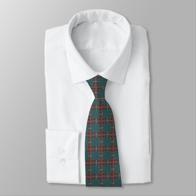 Cravate Rouge Et Blanc Minimal Plaid Sur Vert Foncé (Attaché)