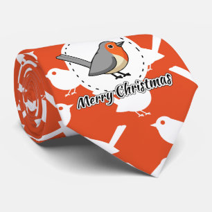 Cravate Rouge-gorge sur motif d'oiseau blanc orange - Joye