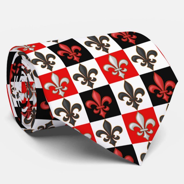 Cravate Rouge Noir Blanc À damiers Fleur de lis Design (Créateur téléchargé)