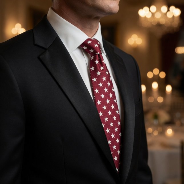 Cravate Rouge Profond et Blanc Crispé Petit Motif Étoile (Créateur téléchargé)