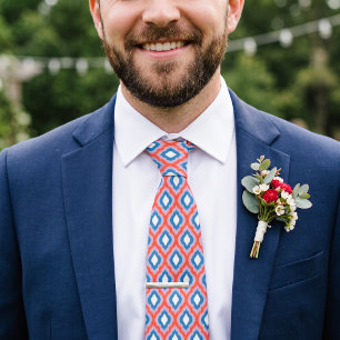 Cravate Rouge Rose et Bleu Motif Ikat Ogee Coloré