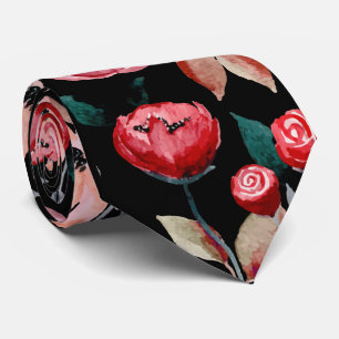 Cravate Rouge Rose Noir Aquarelle Motif Floral