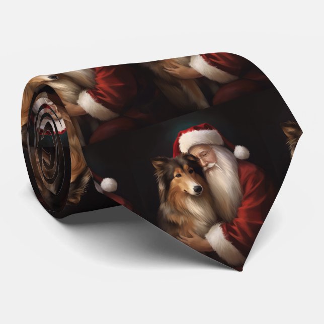 Cravate Rough Collie avec le Père Noël Festif de Noël  (Roulé)