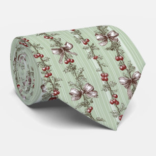 Cravate Ruban de Noël Vert Sauge Vintage avec Baies de Hou