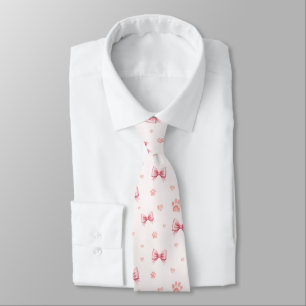 Cravate Ruban rose, Coeur et Motif Empreinte de patte - Ro