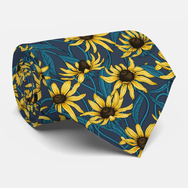 Cravate Rudbekia jaune sur la marine (Roulé)