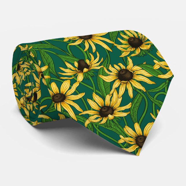 Cravate Rudbekia jaune sur vert foncé (Roulé)