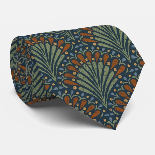 Cravate Russe Boho Scallop, rouille, Sage on Navy (Roulé)