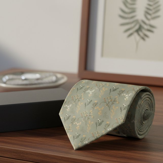 Cravate Sage Botanical Tie – Woodland Wedding Attire (Sage Botanical Tie – Woodland Wedding Attire Necktie)