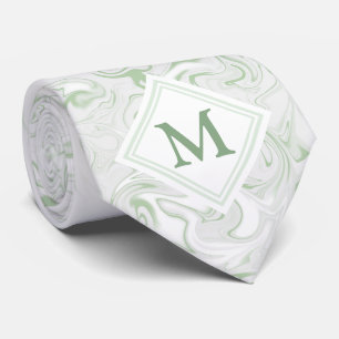 Cravate Sage et look Marbre blanc avec Monogramme Diamant
