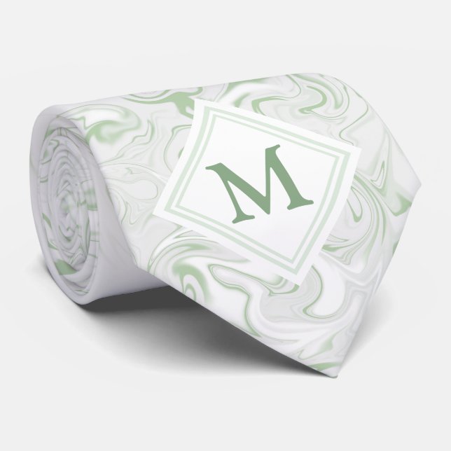 Cravate Sage et look Marbre blanc avec Monogramme Diamant (Roulé)