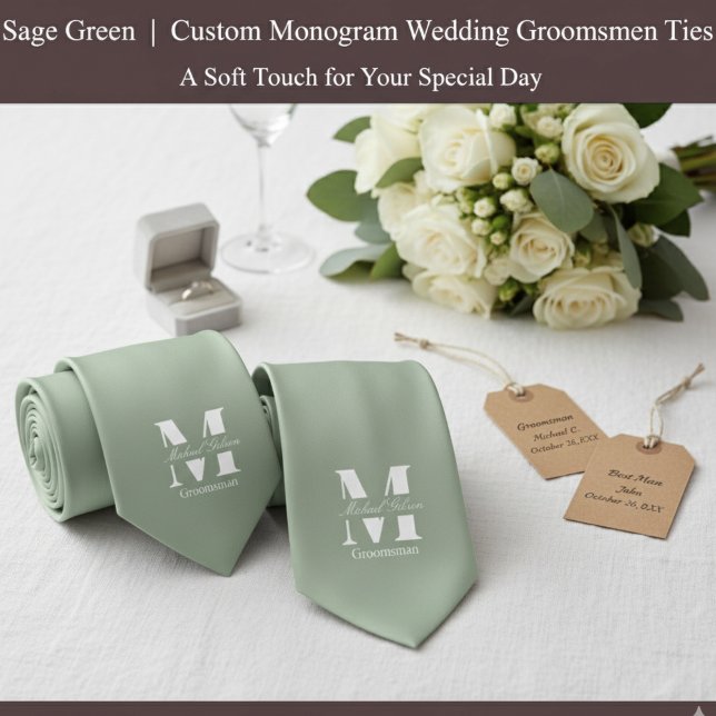 Cravate Sage Green | Custom Monogram Wedding Groomsmen  (Sage Green | Custom Monogram Wedding Groomsmen Neck Tie)