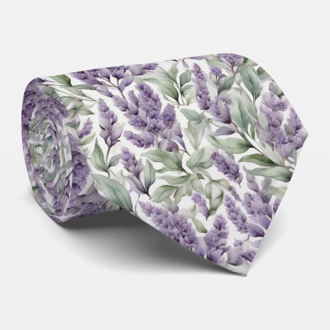 Cravate Sage romantique français et motif floral lilas (Roulé)