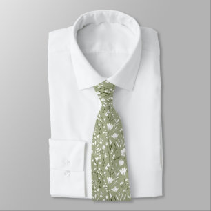 Cravate Sage Vert Blanc Floral Mariage Groomsman Groom