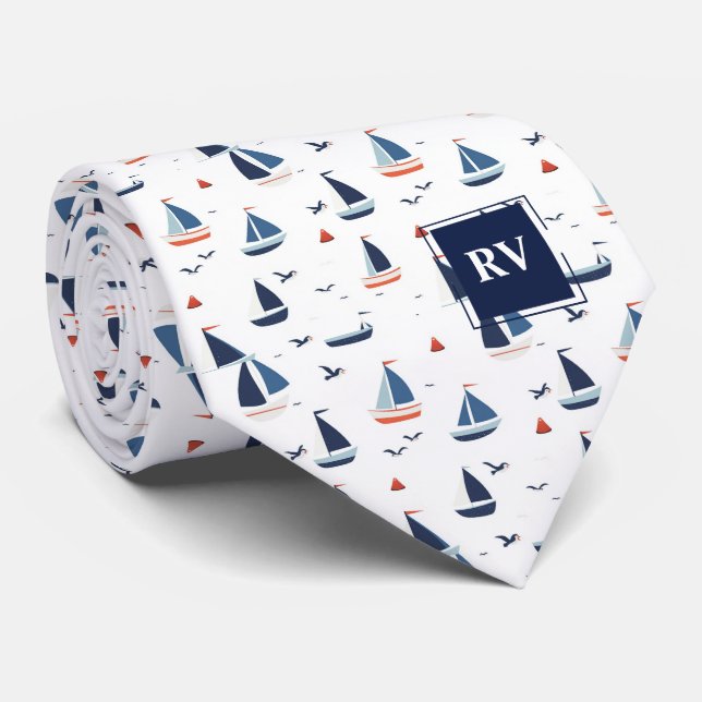 Cravate Sailboats at Sea Monogrammed (Roulé)