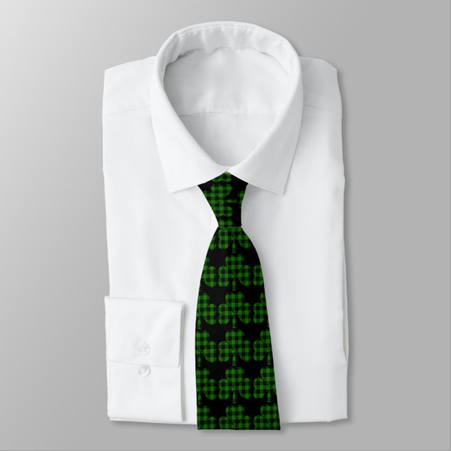 Cravate Saint Patrick’s jour vert noir plaid shamrock (Attaché)
