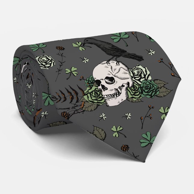 Cravate Saint Patrick's Day Dark Grey & Green Skulls & Ros (Roulé)