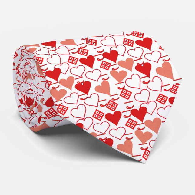Cravate Saint Valentin Amour rose, rouge et Motif blanc (Roulé)