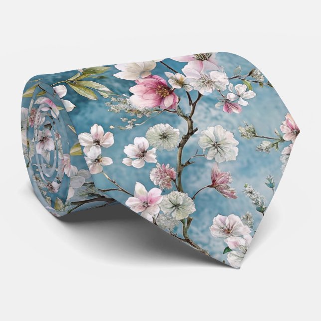 Cravate Sakura arbres bleu plante motif (Roulé)