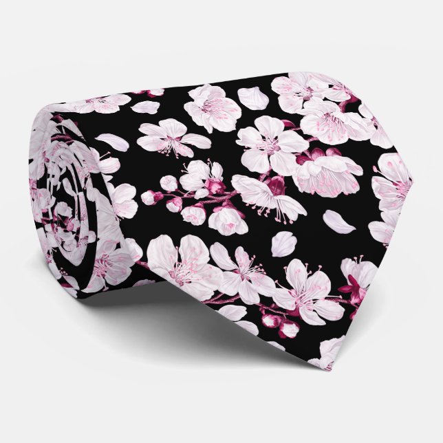 Cravate Sakura rose cerisier floral Motif moderne noir (Roulé)