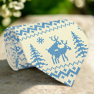 Cravate Sapin de Noël drôle de renne Neige Bleu Motif