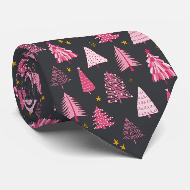 Cravate Sapin de Noël rose et gris (Roulé)