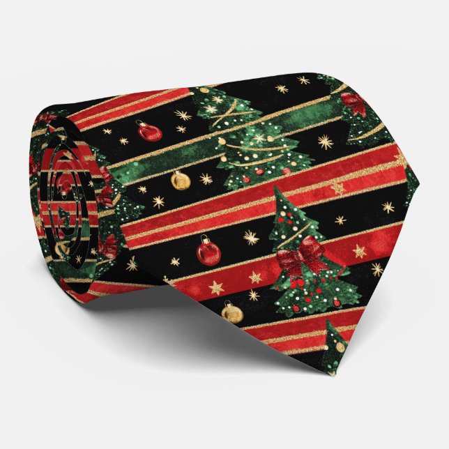 Cravate Sapin de Noël scintillant - Rayures rouges noires  (Roulé)