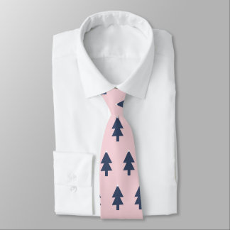 Cravate Sapins de Noël bleus motif répétitif rose