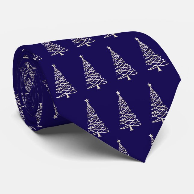 Cravate Sapins de Noël élégants modernes bleu marine à mot (Roulé)