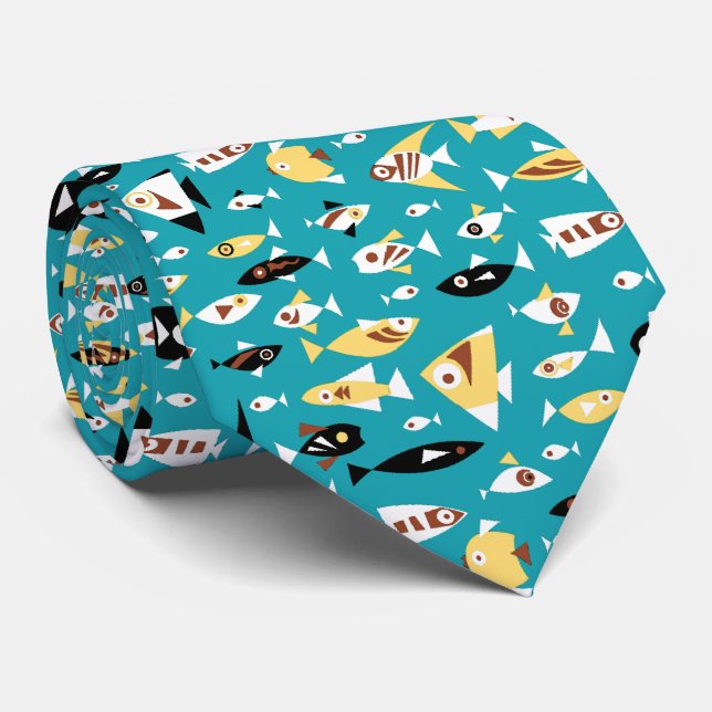 Cravate Sarcelle Rouge Jaune Noir Blanc Motif De Poisson R (Roulé)