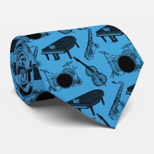 Cravate Saxophone Piano Basse Batterie Musicien Jazz (Bleu