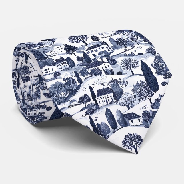 Cravate Scène de campagne en toile bleue (Roulé)