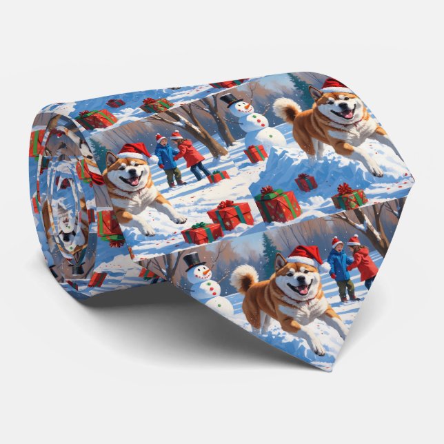 Cravate Scène de neige festive d'Akita Noël  (Roulé)