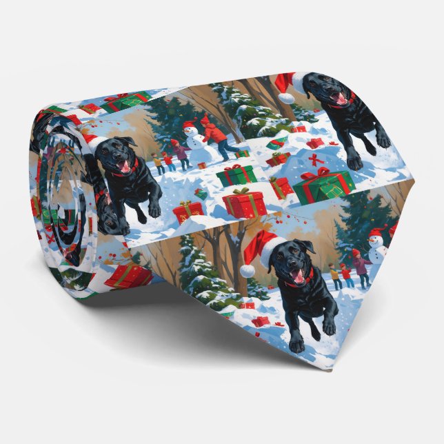Cravate Scène de neige festive de Noël avec Labrador noir  (Roulé)